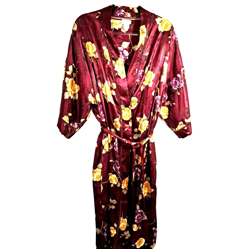 Vtg Cinema Etoile Burgundy Slip Dress & Floral Robe Womens L Romantic Cottage